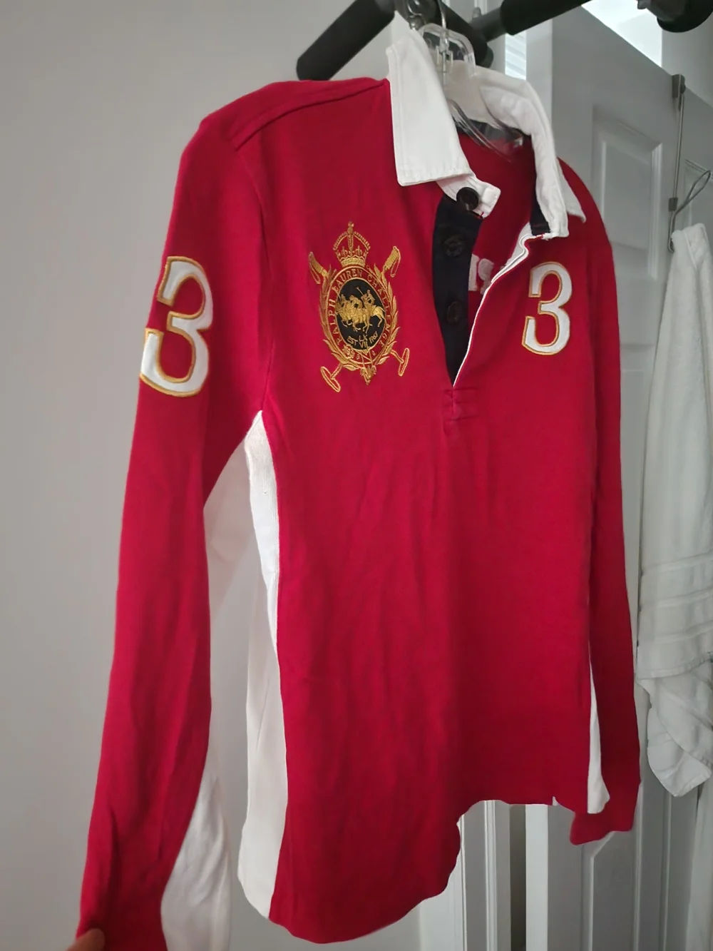 Ralph Lauren Red Long-Sleeve Rugby Polo with White Panels and Gold Crest